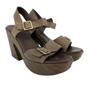 Kork-Ease Gray Pebbled‎ Leather Buckled Slingback Platform Block Heels 9M Kenora